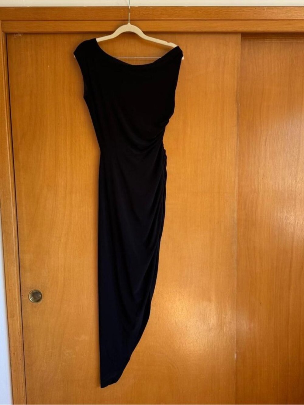 Norma Kamali drop shoulder side draped asymmetrical gown